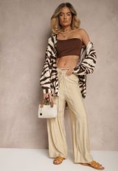 Beżowe Spodnie High Waist o Szerokim Kroju z Wiązaniem Telisiela. Brązowe spodnie materiałowe damskie Renee, bez wzorów, z jeansu, eleganckie, z podwyższonym stanem. Za 39.99 zł.