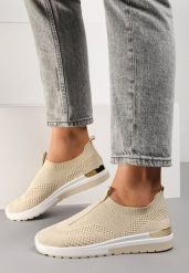 Jasnobeżowe Buty Sportowe Hypnerus. Brązowe obuwie sportowe damskie Renee, bez wzorów, z jeansu, z okrągłym noskiem, bez zapięcia. Za 29.99 zł.