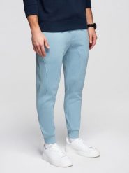 Męskie spodnie dresowe ze ściągaczem przy nogawce BASIC jogger - niebieskie V7 - Rozmiar: XL. Niebieskie spodnie sportowe męskie Ombre Clothing, m, z aplikacjami, z bawełny, trekkingowe. W wyprzedaży za 118.99 zł.