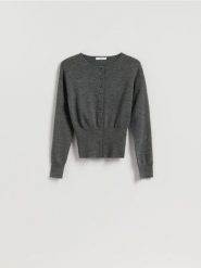 Kardigan z domieszką wełny - szary. Szare kardigany damskie Reserved, l, bez wzorów, z dzianiny, bez kołnierzyka. Za 129.99 zł.