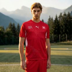 Koszulka piłkarska replika Puma Szwajcaria Mistrzostwa Świata 2026. Bluzki damskie Puma, l, bez wzorów, z materiału, sportowe, bez kołnierzyka, bez ramiączek. Za 439.99 zł.