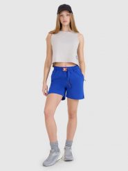 4F Spodenki casual damskie - niebieskie L. Niebieskie szorty damskie 4F, bez wzorów, z dresówki, casualowe. W wyprzedaży za 79.99 zł.