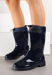 Granatowe Lakierowane Kalosze ze Ściąganą Cholewką Fevaselle. Niebieskie kalosze damskie Born2be, bez wzorów, z jeansu, bez zapięcia. Za 59.99 zł.