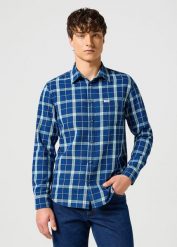 WRANGLER MĘSKA KOSZULA 1 PKT SHIRT GREEN INDIGO 112357231 W5X2017327. Niebieskie koszule męskie Wrangler, m, bez wzorów, bez kołnierzyka, bez ramiączek. Za 229.99 zł.