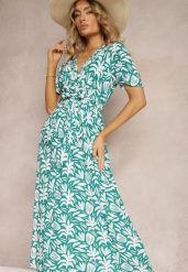Zielona Wiskozowa Sukienka z Kopertowym Dekoltem z Gumką w Pasie i Materiałowym Dekoltem Gilemia. Zielone sukienki damskie Renee, na co dzień, l, bez wzorów, z jeansu, eleganckie, bez kołnierzyka, bez ramiączek, maxi, dopasowane. Za 49.99 zł.
