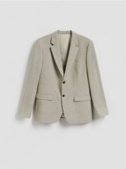 Marynarka regular z domieszką lnu - oliwkowy. Zielone garnitury męskie Reserved, bez wzorów, z tkaniny. Za 359.99 zł.