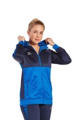 Kurtka treningowa Erima Six Wings z kapturem, niebieska. Niebieskie kurtki sportowe damskie Erima, uniwersalny, bez wzorów, z bawełny, bez ramiączek, z kapturem, na fitness i siłownię. Za 305.99 zł.