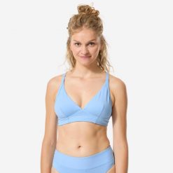 Góra kostiumu kąpielowego surfingowego damska Decathlon Bea Venice. Niebieskie bikini Decathlon, bez wzorów, z materiału. Za 99.99 zł.