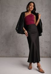 Czarna Koktajlowa Spódnica z Satyny o Rozkloszowanym Kroju Zinnivira. Czarne spódnice damskie Renee, l, bez wzorów, z satyny, eleganckie, maxi, koszulowe. Za 79.99 zł.