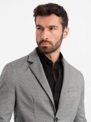Marynarka męska casual w delikatną kratkę - szara V2 - Rozmiar: M. Szare marynarki męskie Ombre Clothing, m, bez wzorów, z poliesteru, casualowe, bez kołnierzyka, bez ramiączek. W wyprzedaży za 149.99 zł.