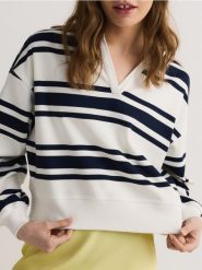Bluza w paski z kołnierzykiem - granatowy. Niebieskie bluzy damskie Reserved, l, bez wzorów, z bawełny, bez ramiączek, bez kaptura. W wyprzedaży za 59.99 zł.