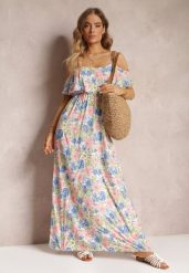 Biało-Niebieska Sukienka Maxi Bawełniana w Kwiaty z Falbanką Saranna. Białe sukienki damskie Renee, na imprezę, l, bez wzorów, z bawełny, bez kołnierzyka, bez ramiączek, maxi, rozkloszowane. Za 59.99 zł.