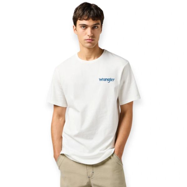 MESKA KOSZULKA WRANGLER GRAPHIC TEE WORN WHITE 112362835. Białe t-shirty męskie Wrangler, l, bez wzorów, bez kołnierzyka, bez ramiączek. Za 79.99 zł.