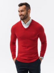 Sweter męski z białym kołnierzykiem - czerwony V4. Czerwone swetry męskie Ombre Clothing, l, bez wzorów, z bawełny, klasyczne, bez kołnierzyka, bez ramiączek. W wyprzedaży za 69.99 zł.