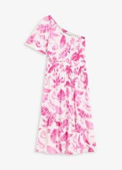 Sukienka one-shoulder ze strukturalnej wiskozy z nadrukiem. Białe sukienki damskie bonprix, bez wzorów, z wiskozy, bez kołnierzyka, bez ramiączek, midi. Za 37.99 zł.