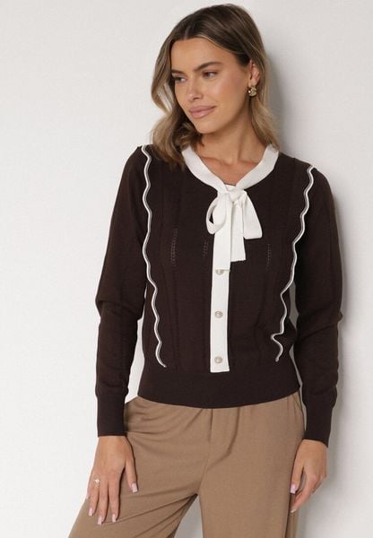 Brązowy Sweter z Wiskozą Ozdobiony Kokardą Eleganckimi Guzikami i Kontrastowymi Detalami Miariel. Brązowe swetry nierozpinane damskie Born2be, s, bez wzorów, z jeansu, eleganckie, bez kołnierzyka, bez ramiączek. Za 129.99 zł.