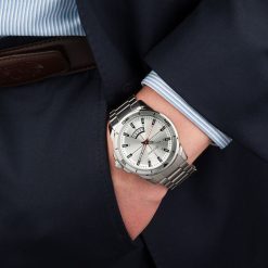 Zegarek męski bransoleta duży solidny srebrny z datownikiem premium Beltimore BT03. Szare zegarki męskie bez wzorów, srebrne. Za 149.99 zł.