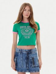 Guess Jeans T-Shirt W5YI03 J1314 Zielony Regular Fit. Zielone t-shirty damskie Guess Jeans, xxl, z aplikacjami, z bawełny, bez kołnierzyka, bez ramiączek. Za 109.99 zł.
