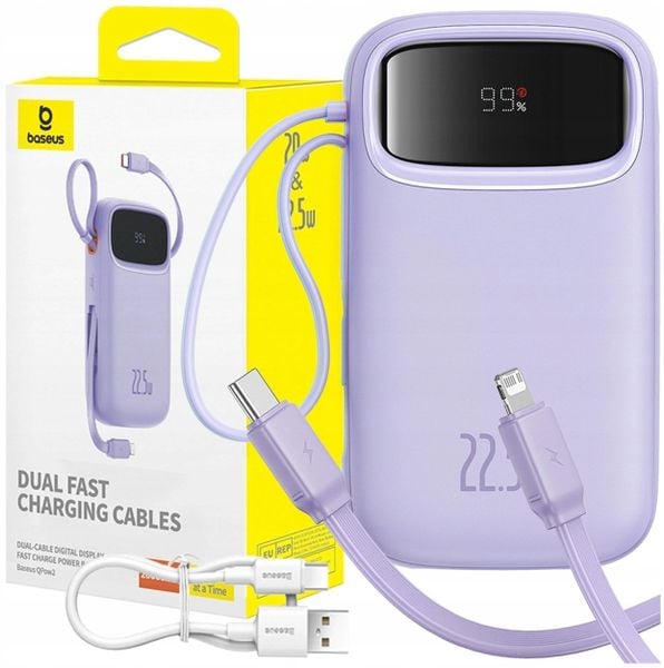 Powerbank Baseus Powerbank Qpow2 20000mAh 22,5W z podwójnym kablem z cyfrowym wyświetlaczem kabel Simple USB-C 3A 0,3m (biały) - fioletowy. Białe powerbanki Baseus. Za 85.49 zł.