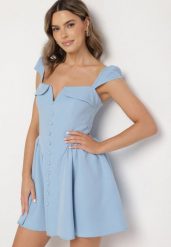 Niebieska Rozkloszowana Sukienka z Ozdobnym Dekoltem i Guzikami Salasesia. Niebieskie sukienki damskie Born2be, na co dzień, m, bez wzorów, eleganckie, bez kołnierzyka, bez ramiączek, mini, kopertowe. Za 129.99 zł.