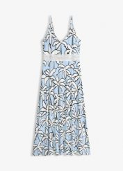 Długa sukienka z koronkową wstawką. Niebieskie sukienki damskie bonprix, bez wzorów, z koronki, eleganckie, bez kołnierzyka, bez ramiączek, maxi. Za 79.99 zł.