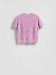 Sweter z metaliczną nitką - różowy. Czerwone swetry nierozpinane damskie Reserved, l, bez wzorów, z dzianiny, bez kołnierzyka, bez ramiączek. Za 149.99 zł.