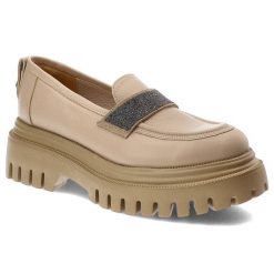 Beżowe Półbuty Karino Eleganckie Skórzane Buty. Brązowe półbuty damskie Karino, z aplikacjami, ze skóry, eleganckie, bez obcasa, bez zapięcia. Za 365.99 zł.