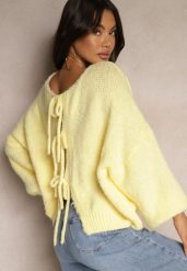 Żółty Kardigan z Wełną o Kroju Oversize z Wiązanymi Kokardami Elearina. Żółte kardigany damskie Renee, bez wzorów, z jeansu, eleganckie, bez kołnierzyka. Za 139.99 zł.