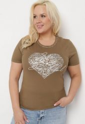 Ciemnozielony T-shirt Bawełniany z Krótkim Rękawem i Metalicznym Nadrukiem oraz Cyrkoniami Sanesti. Zielone t-shirty damskie Born2be, l, z aplikacjami, z bawełny, biznesowe, bez kołnierzyka, bez ramiączek. Za 34.99 zł.