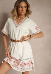 Czerwona Pudełkowa Sukienka z Bawełny w Hafty w Stylu Boho Felkio. Czerwone sukienki damskie Renee, na co dzień, l, bez wzorów, z bawełny, boho, bez kołnierzyka, bez ramiączek, mini, proste. Za 89.99 zł.