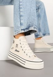Beżowe Trampki na Platformie Ozdobione Metalicznymi Aplikacjami Jalzedis. Brązowe trampki i tenisówki damskie Renee, z aplikacjami, z jeansu, bez zapięcia. Za 79.99 zł.