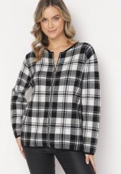 Czarno-Biały Zasuwany Kardigan w Kratę Mimara. Czarne kardigany damskie Born2be, l, bez wzorów, z bawełny, eleganckie, bez kołnierzyka. Za 129.99 zł.