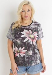 Czarna Bluzka Oversize z Metalicznym Nadrukiem w Kwiaty z Cyrkoniami Deqsa. Czarne bluzki damskie Born2be, m, bez wzorów, bez kołnierzyka, bez ramiączek. Za 39.99 zł.
