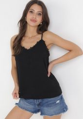 Czarna Bluzka Top z Tkaniny Plumeti i Koronką Fedora. Czarne bluzki damskie Born2be, l, bez wzorów, z koronki, bez kołnierzyka, bez ramiączek. Za 49.99 zł.