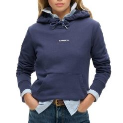 Jednokolorowa bluza z kapturem damska Superdry. Niebieskie bluzy damskie Superdry, m, bez wzorów, z bawełny, klasyczne, bez ramiączek, z kapturem. Za 317.90 zł.
