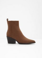 Botki kowbojki z obcasem typu słupek. Brązowe botki damskie bonprix, bez wzorów, bez obcasa, na słupku, bez zapięcia. Za 147.99 zł.