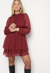 Bordowa Rozkloszowana Sukienka Siateczkowa z Bufiastymi Rękawami Isovana. Czerwone sukienki damskie Born2be, na co dzień, l, bez wzorów, eleganckie, bez kołnierzyka, bez ramiączek, mini, rozkloszowane. Za 129.99 zł.
