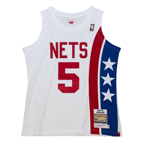 Koszulka Nba New Jersey Nets Jason Kidd. Białe bluzki damskie Mitchell & Ness, bez wzorów, z jersey, sportowe, bez kołnierzyka, bez ramiączek. W wyprzedaży za 918.55 zł.