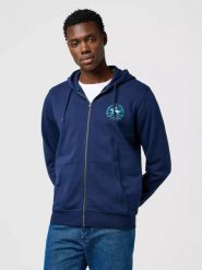 MĘSKA BLUZA WRANGLER GRAPHIC ZIP HOODIE NAVY 112371461. Niebieskie bluzy męskie Wrangler, l, bez wzorów, bez kaptura. Za 189.99 zł.