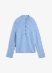 Sweter wełniany oversize z domieszką wełny alpaki. Niebieskie swetry nierozpinane damskie bonprix, bez wzorów, z wełny, bez kołnierzyka, bez ramiączek. Za 299.99 zł.
