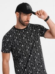 Bawełniana koszulka z nadrukiem i okrągłym dekoltem – czarna V2 OM-TSFP-0225 - XXL. Czarne t-shirty męskie Ombre Clothing, l, bez wzorów, z bawełny, bez kołnierzyka, bez ramiączek. Za 65.99 zł.