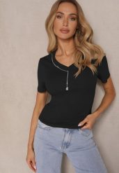 Czarny T-shirt z Bawełny z Łańcuszkiem i Marszczeniem Olisinia. Czarne t-shirty damskie Renee, m, bez wzorów, z bawełny, glamour, bez kołnierzyka, bez ramiączek. Za 39.99 zł.