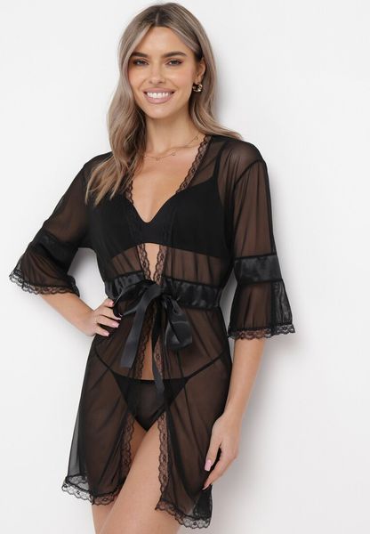Czarny Wiązany Szlafrok ze Stringami Francolla. Czarne szlafroki damskie Born2be, bez wzorów, z koronki, bez ramiączek, bez kaptura. Za 44.99 zł.