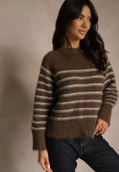 Brązowy Sweter z Dodatkiem Wełny Ozdobiony Paskami Liatella. Brązowe swetry nierozpinane damskie Renee, bez wzorów, z jeansu, casualowe, bez kołnierzyka, bez ramiączek. Za 119.99 zł.