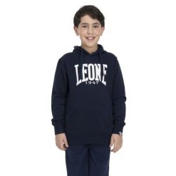 Bluza z bawełna z kaptur na czas wolny na co dzień. Niebieskie bluzy damskie LEONE 1947 APPAREL, bez wzorów, z bawełny, bez kaptura, na fitness i siłownię. W wyprzedaży za 109.46 zł.