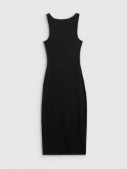 4F Sukienka z prążkowanej dzianiny damska - czarna S. Czarne sukienki damskie 4F, na co dzień, s, bez wzorów, z dzianiny, eleganckie, bez kołnierzyka, bez ramiączek, dopasowane. Za 99.99 zł.