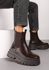 Brązowe Botki Sztyblety Grunge na Grubej Podeszwie z Elastyczną Wstawką Fortinas. Brązowe botki damskie Born2be, bez wzorów, z jeansu, eleganckie, z okrągłym noskiem, bez obcasa, na płaskiej podeszwie, bez zapięcia. Za 159.99 zł.