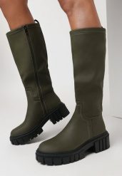 Zielone Kozaki Kinny. Zielone kozaki damskie Born2be, bez wzorów, z okrągłym noskiem, przed kolano, bez obcasa, na płaskiej podeszwie, bez zapięcia. Za 74.99 zł.