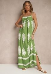 Zielona Rozkloszowana Sukienka na Ramiączkach w Ornamentalny Print Reveleine. Zielone sukienki damskie Renee, na co dzień, l, z aplikacjami, bez kołnierzyka, bez ramiączek, maxi, dopasowane. Za 49.99 zł.