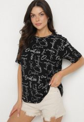 Czarny T-shirt Oversize z Bawełny Zdobiony Nadrukiem Sinelra. Czarne t-shirty damskie Born2be, m, z aplikacjami, z bawełny, eleganckie, bez kołnierzyka, bez ramiączek. Za 39.99 zł.